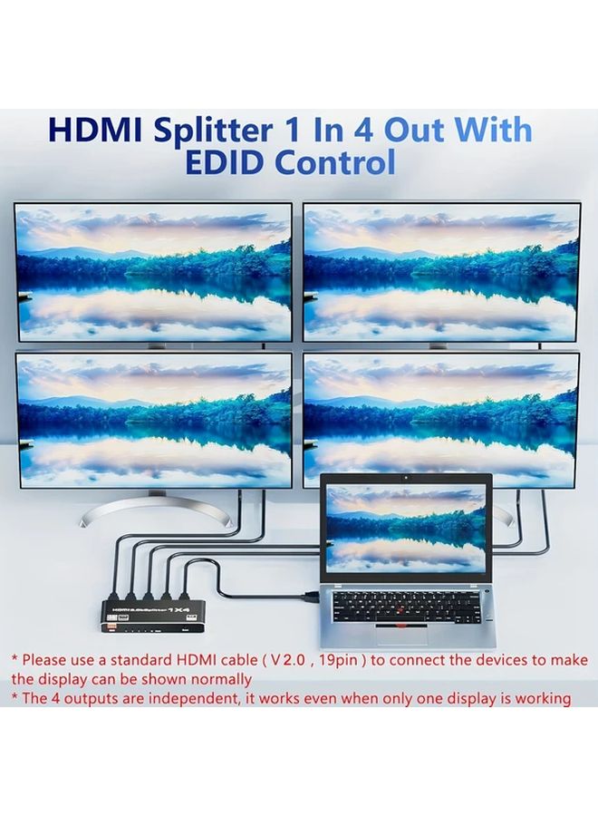 مقسم HDTV رباعي المنافذ باللون الأسود، سعة 18 جيجابت في الثانية، يدعم HDCP 2.2، UHD، 3D، HDR، مع وضع المرآة التلقائي لـ EDID - Image 5